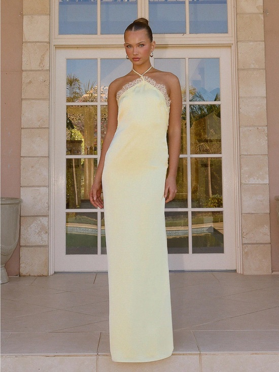 Peppermayo Dresses & Skirts - Halter Lace-Trim Satin Maxi Dress in Pale Yellow